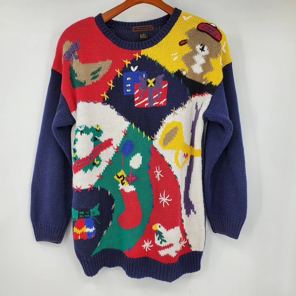 Vintage Yarnworks Ugly Christmas Sweater Blue Intarsia Teddy Bear L Kitschy Gram